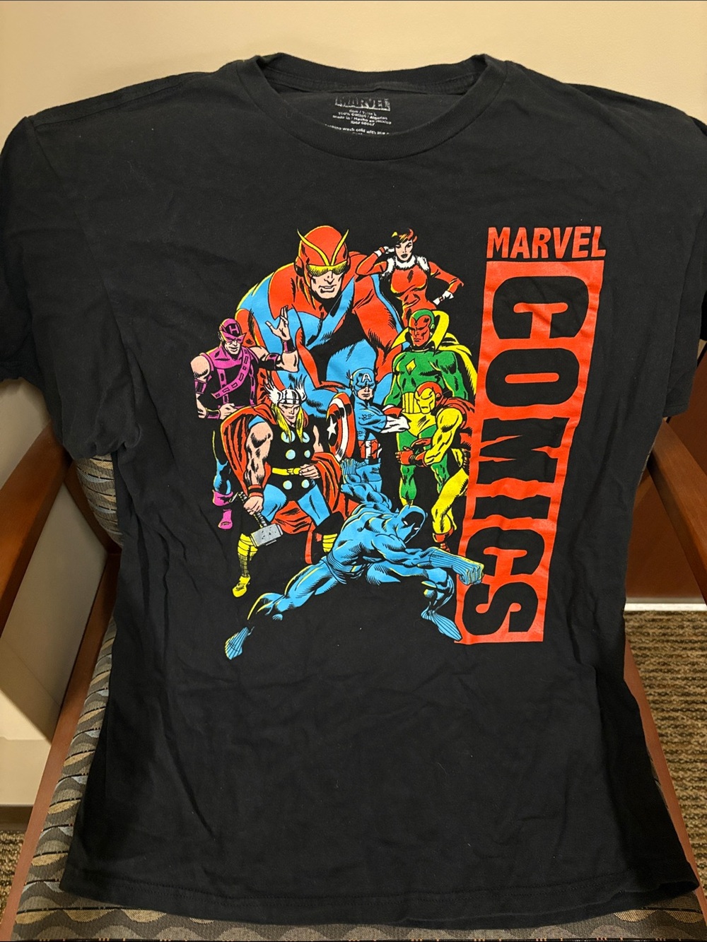 Marvel Black T-shirt with Colorful Superhero Group Print
